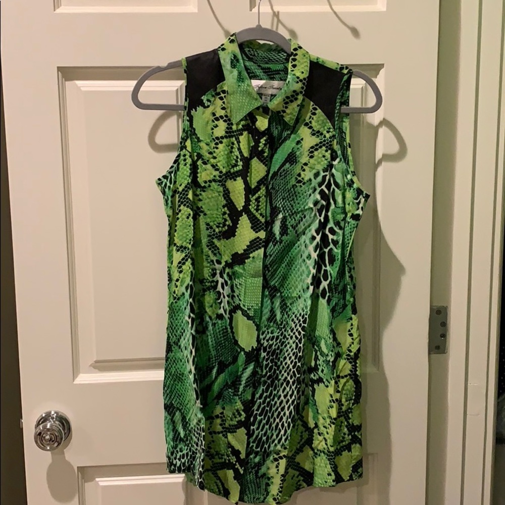 Neon green snake skin print button down dress